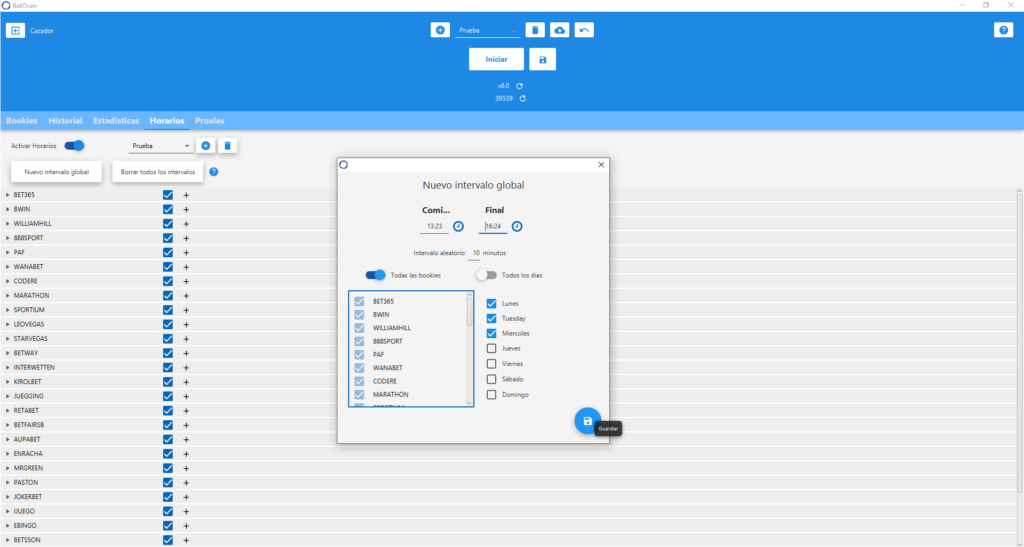 configuración de horarios en betoven