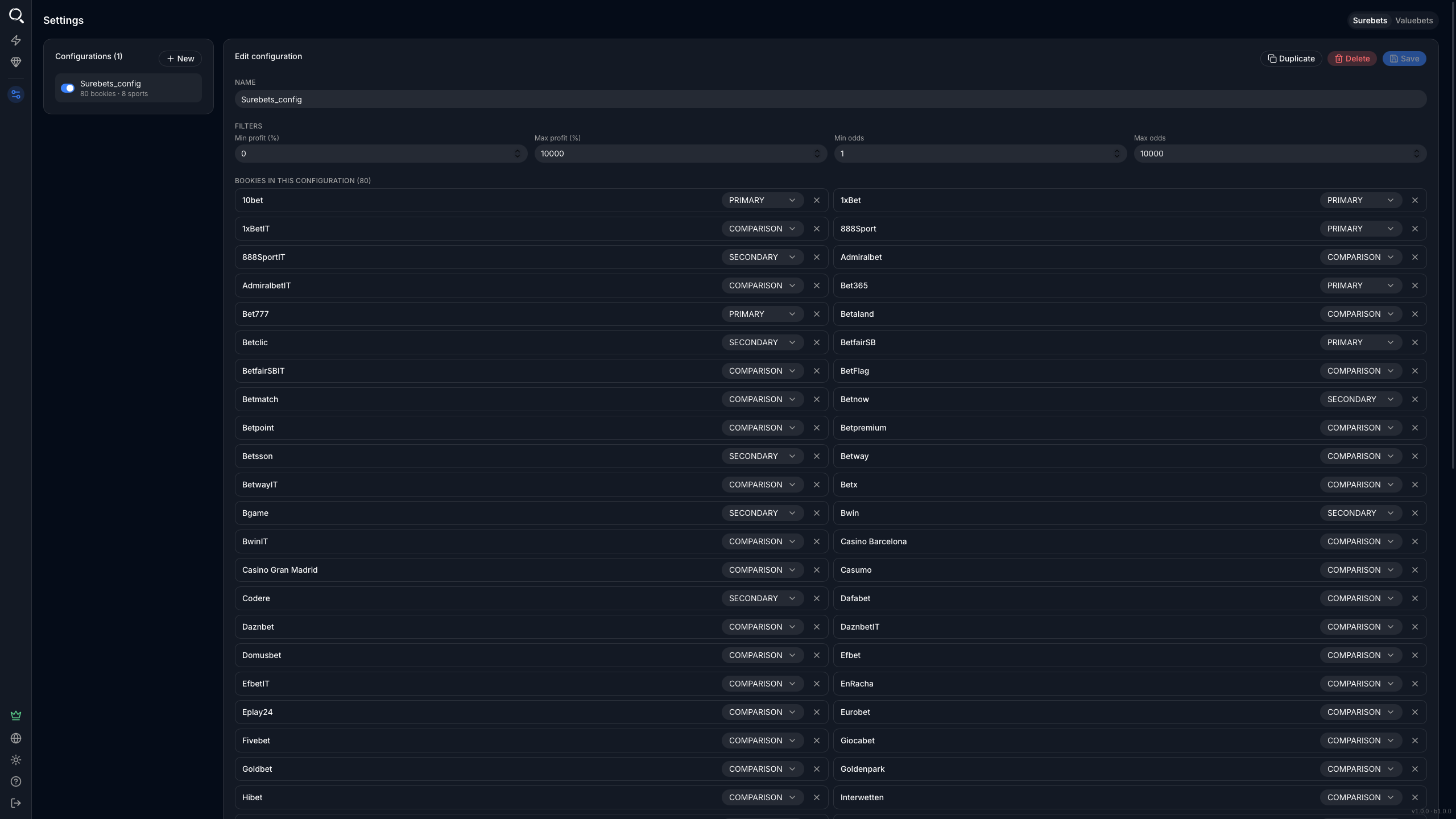 BetOven Scanner settings screen where bookmaker accounts are connected