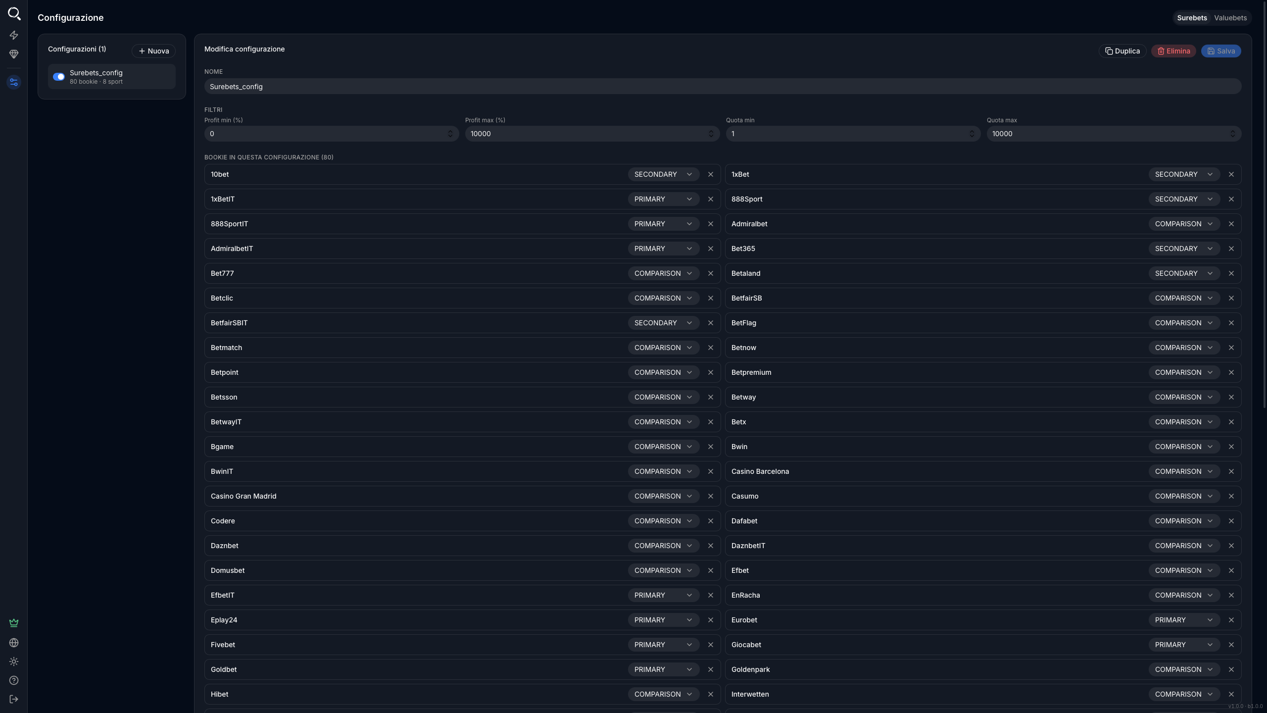 Schermata di configurazione di BetOven Scanner dove si collegano gli account dei bookmaker