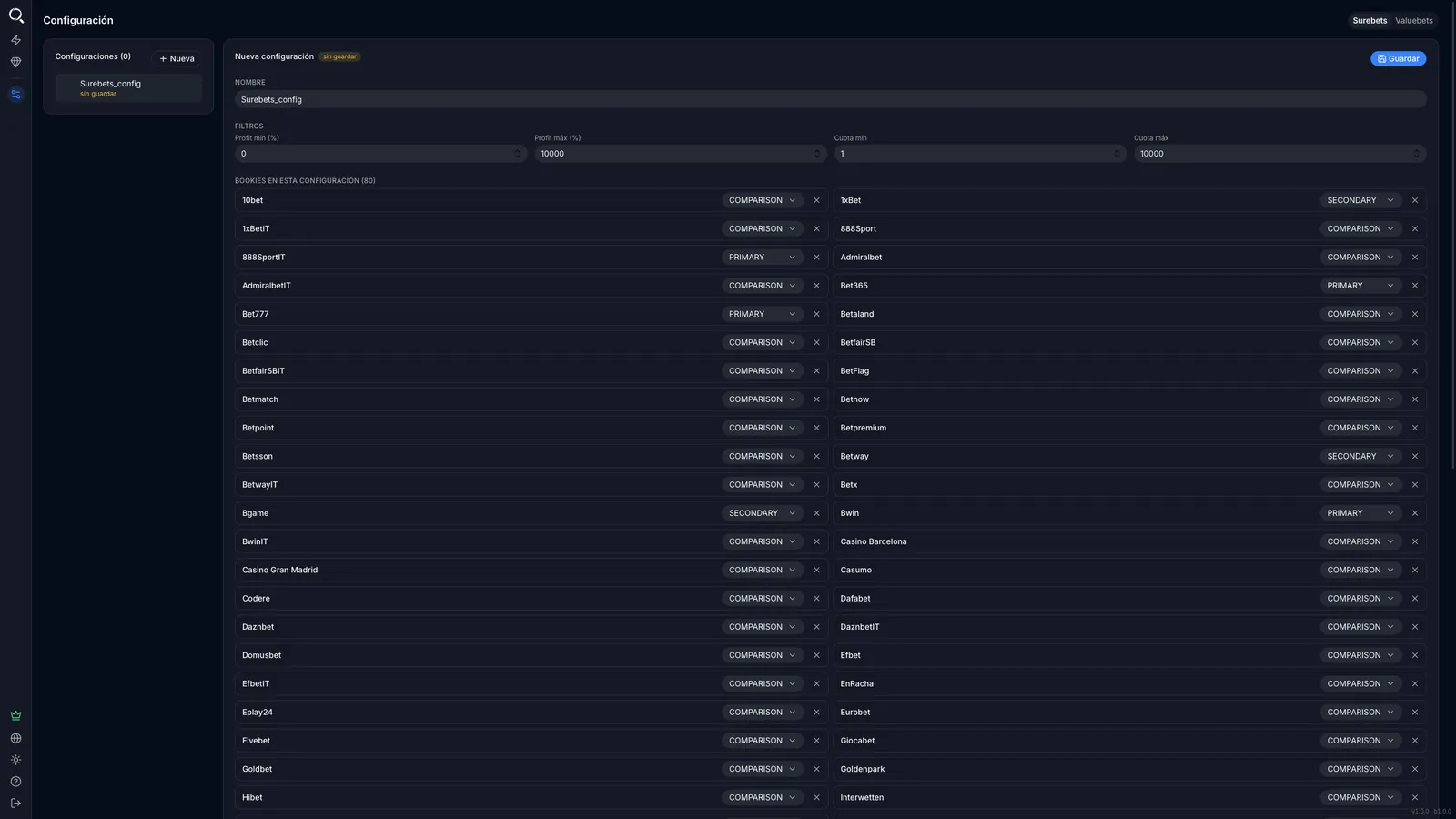 Apartado de configuración de BetOven Scanner