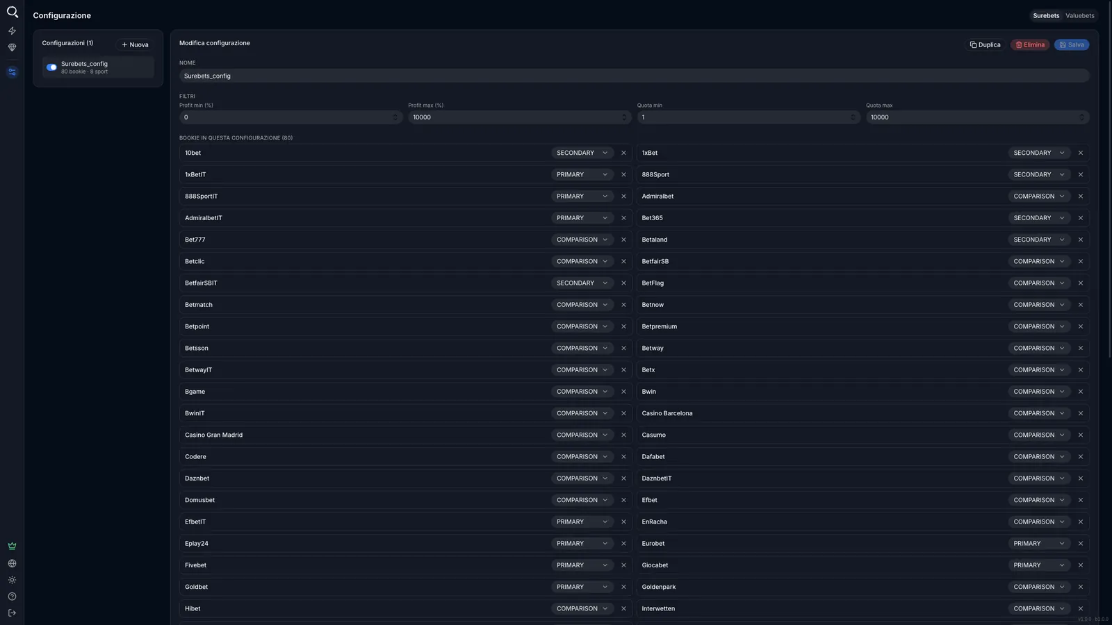 Sezione di configurazione di BetOven Scanner