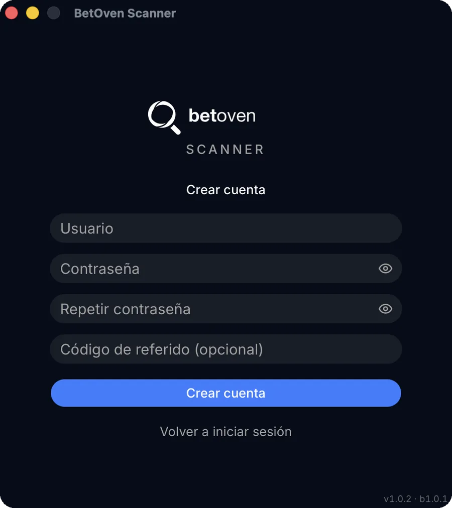 Pantalla de crear cuenta en BetOven Scanner