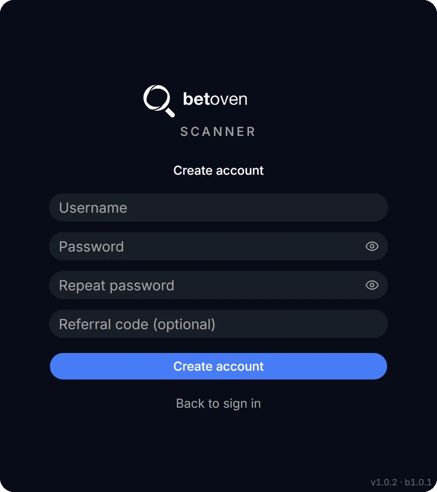 Create account screen in BetOven Scanner
