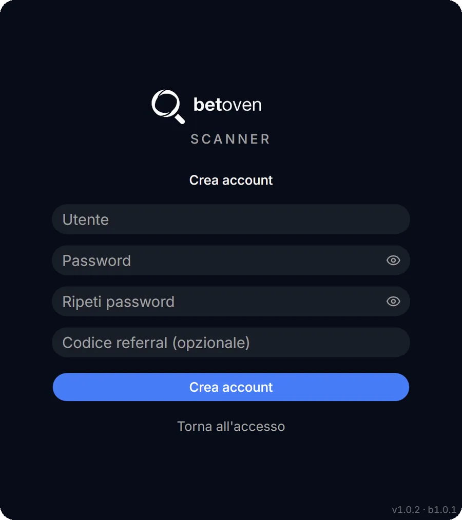 Schermata di creazione account in BetOven Scanner