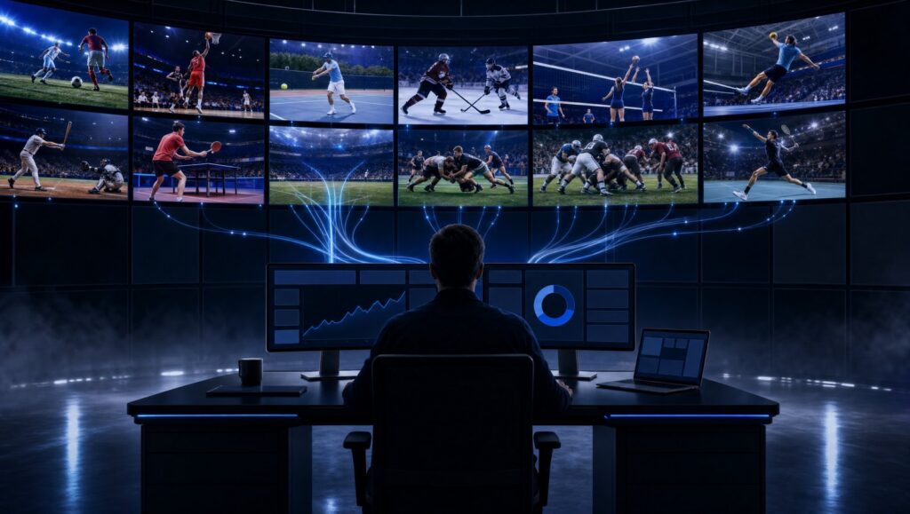Sala de control con pantallas de once deportes distintos y paneles de analisis: el calendario deportivo que determina cuando hay mas surebets y valuebets