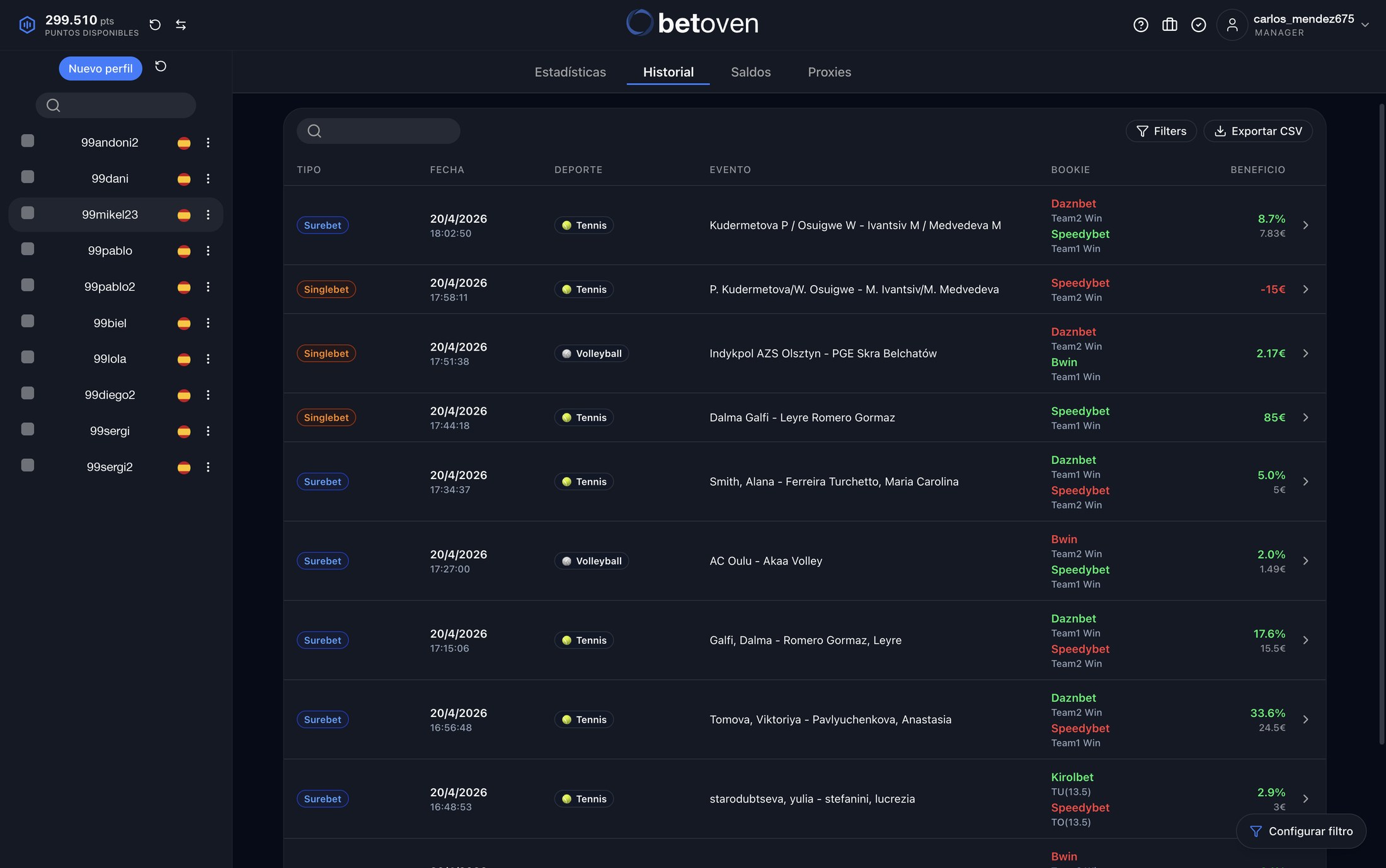 Historial de BetOven Robot: cada operación ejecutada con su tipo, fecha, deporte, evento, casas de apuestas y beneficio