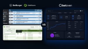 Comparativa visual: interfaces públicas de BetBurger y OddStorm frente al panel de estadísticas de BetOven