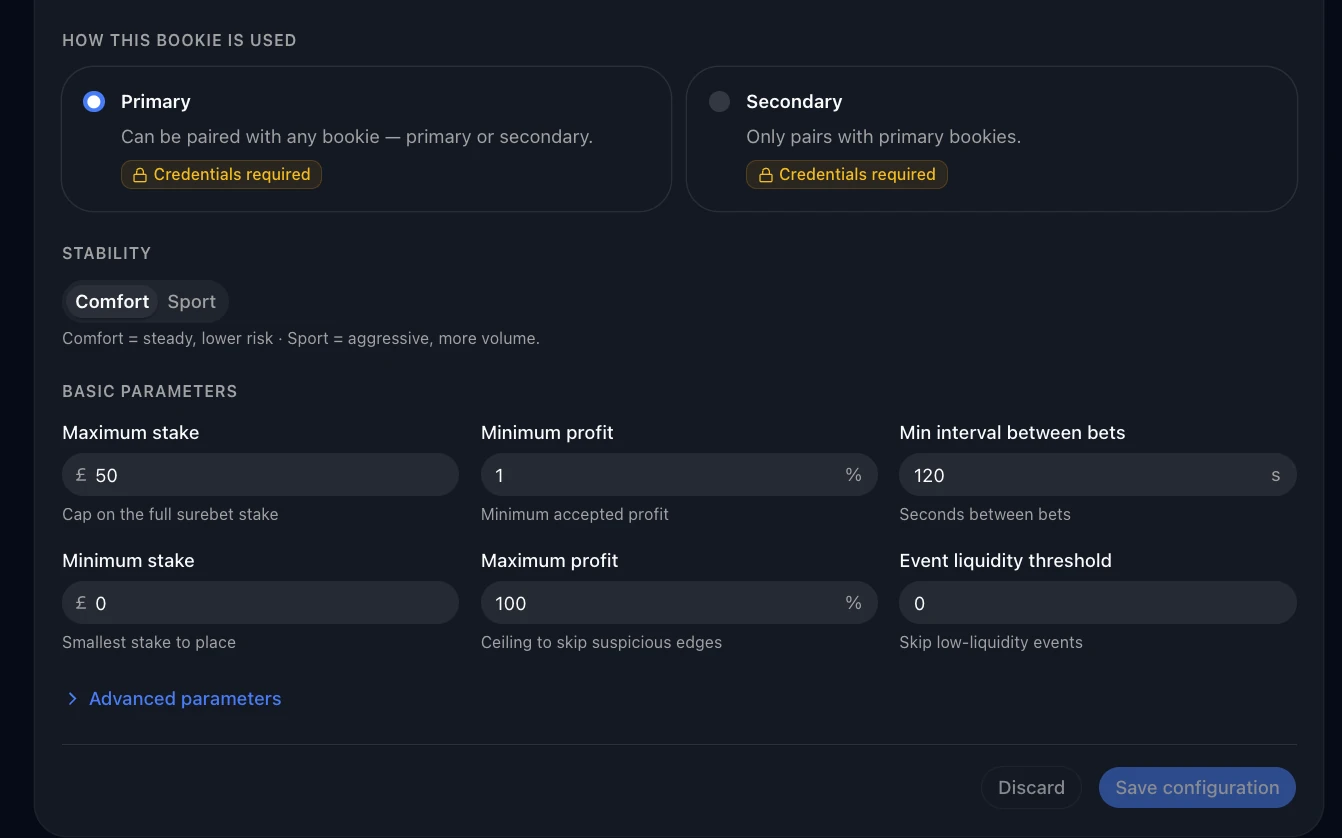 BetOven settings panel for a UK bookmaker account: stakes in pounds, accepted profit, interval between bets