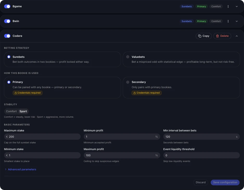 Configurazione di BetOven: i bookmaker collegati e i parametri della modalità Surebets
