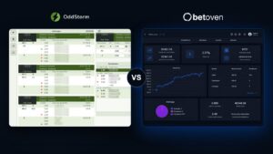 Comparativa visual: aplicación web pública de OddStorm con su lista de surebets frente al panel de estadísticas de BetOven
