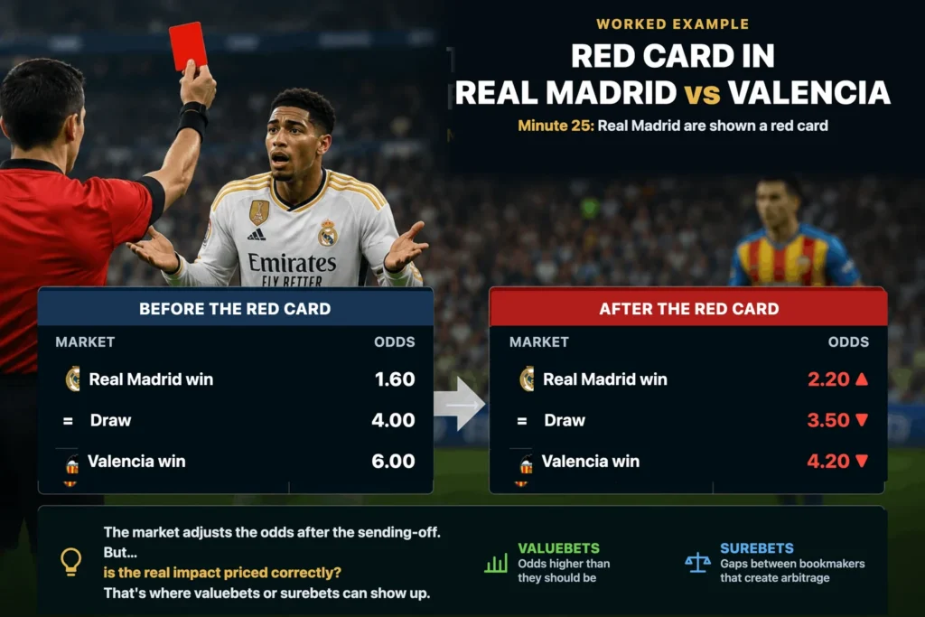 Worked example of a red card in Real Madrid vs Valencia, with the odds for each outcome before and after the sending-off
