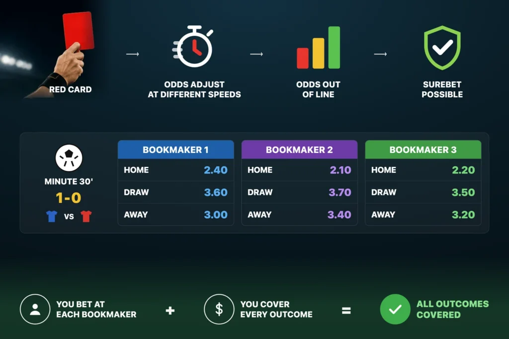 How bookmakers move their odds at different speeds after a red card, leaving the three outcomes coverable across three bookmakers