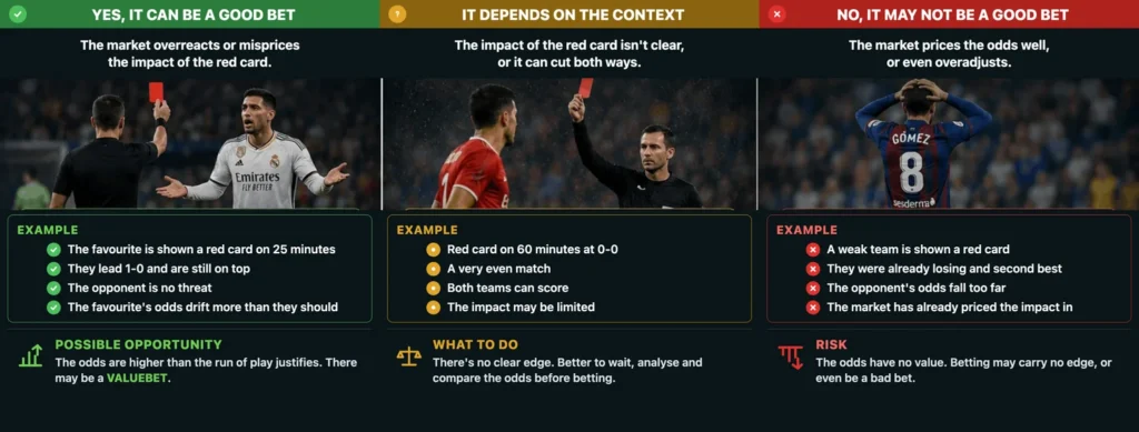 Three scenarios after a red card: when it can be a good bet, when it depends on the context, and when it is not