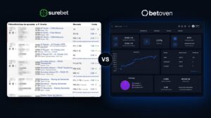 Comparativa visual: lista pública de apuestas seguras de surebet.com frente al panel de estadísticas de BetOven