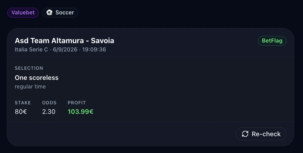 Dettaglio di un'operazione in modalità Valuebet: partita di Serie C fra ASD Team Altamura e Savoia, su un mercato secondario («One scoreless») con la relativa quota. L'esito è vincente. L'operazione affiancata, selezionata con lo stesso criterio, ha esito opposto.