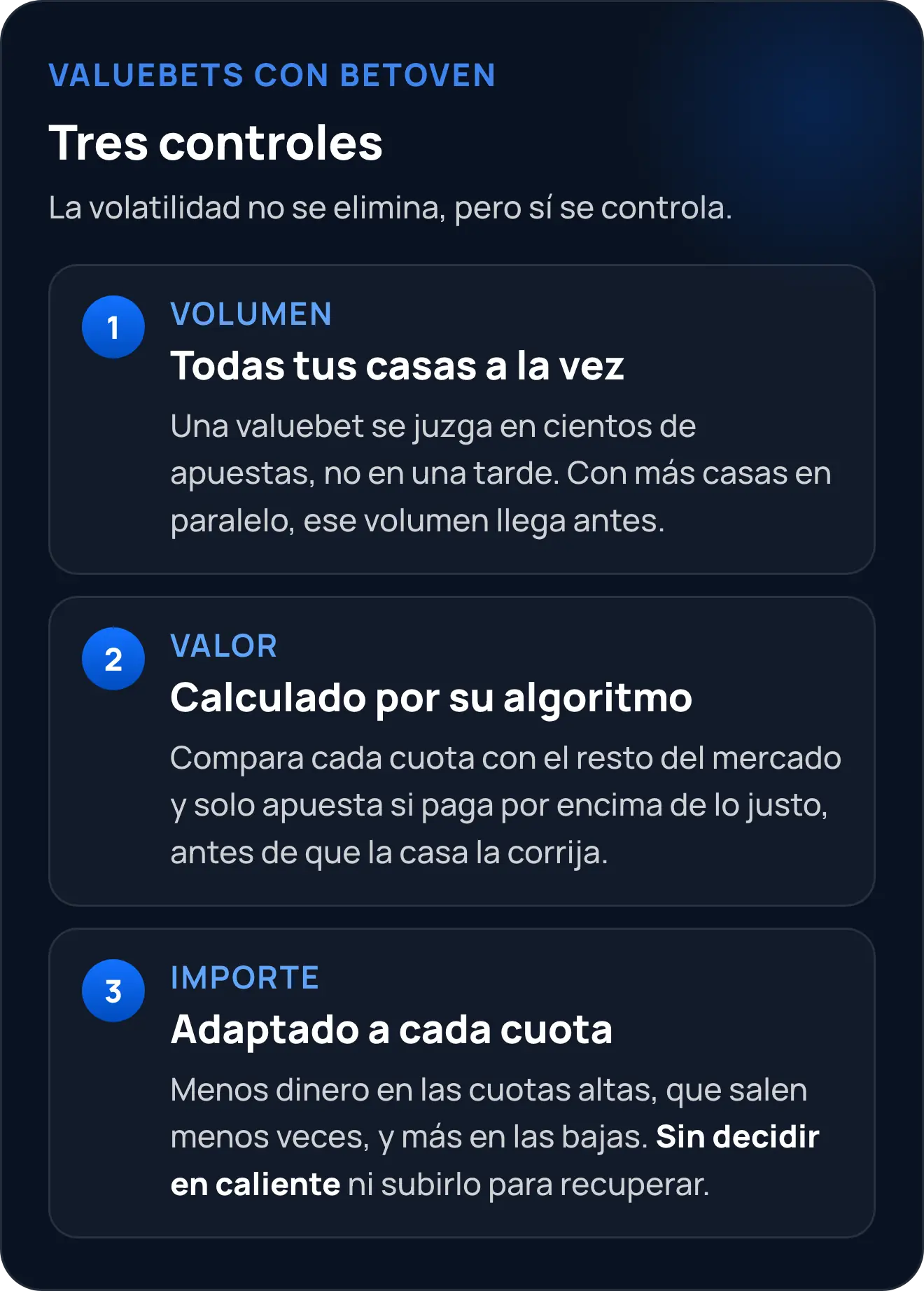 Cómo controla BetOven la volatilidad de las valuebets: volumen con todas tus casas a la vez, valor calculado por su algoritmo e importe adaptado a cada cuota