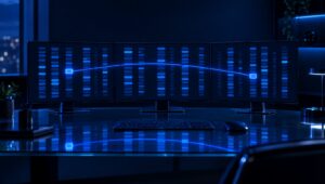 Three monitors with columns of odds in blue and a line of light joining two values, as in an odds comparison tool