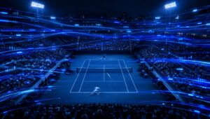 Partido de tenis nocturno en un estadio iluminado, con líneas de datos azules que cruzan la imagen como cuotas que cambian en directo