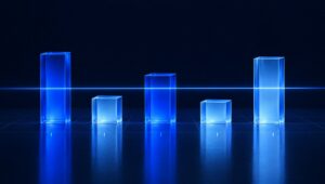 Blue glass blocks of different heights on a grid, crossed by a line of light that measures their size